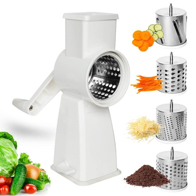 SUREWIN Rotary Cheese Grater, Manual Cheese Grater with Interchangeable Blades, Food Slicer Nut Grinder with Strong Suction Base, Hand Crank Grater for Cheese, Vegetable, Walnut, Chocolate - 4 Blades