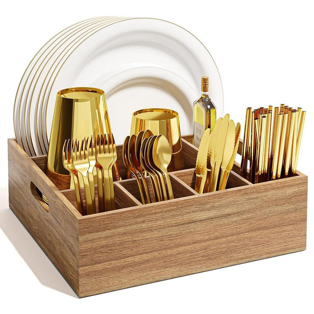 Acacia Wood Utensil Holder for Party, Paper Plate and Utensil Holder Caddy for Countertop, Kitchen Silverware Organizer Dispenser for Spoon, Napkin, Cup, Cutlery Holders for Outdoor, Camping, Picnic