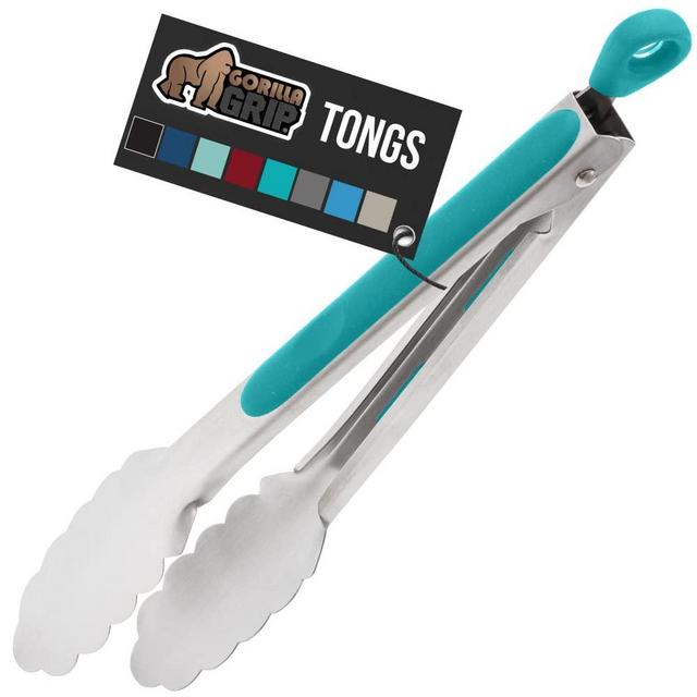 Gorilla Grip Stainless Steel Metal Tongs, Heat Resistant up to 484 Degrees, Kitchen Utensil, Comfortable Silicone Handle, Easy Pull Lock, Strong Kitchen Tong for Cooking, Grilling, 9 Inch, Turquoise