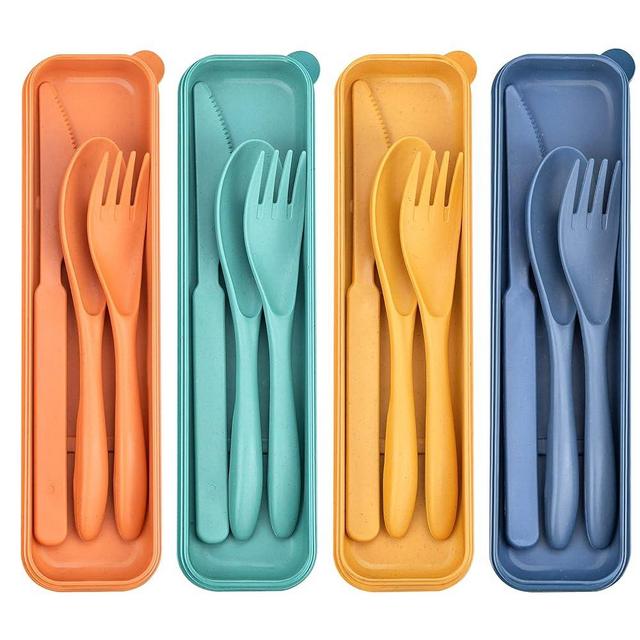 DISSKNIC 4 Sets Reusable Utensils Set with Case,Travel Utensils Cutlery Set Spoons and Forks Set, Reusable Plastic Utensils for Lunch Box Accessories for Adults, Portable Lunch Utensils Set for Daily