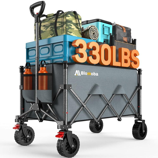 Blomoba Collapsible Wagon Cart with Wider Wheels, 330lbs Heavy Duty Foldable Beach Wagon with Auto-Rebound Handle, 180L Utility Grocery Shopping Cart for Garden, Shopping, Camping, Sports, Gray