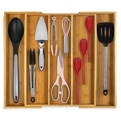 RMR Home Bamboo Silverware Drawer Organizer and Utensil Holder - Expandable Kitchen Drawer Organizer and Utensil Organizer, Perfect Size Cutlery Tray for Kitchen Utensils and Flatware