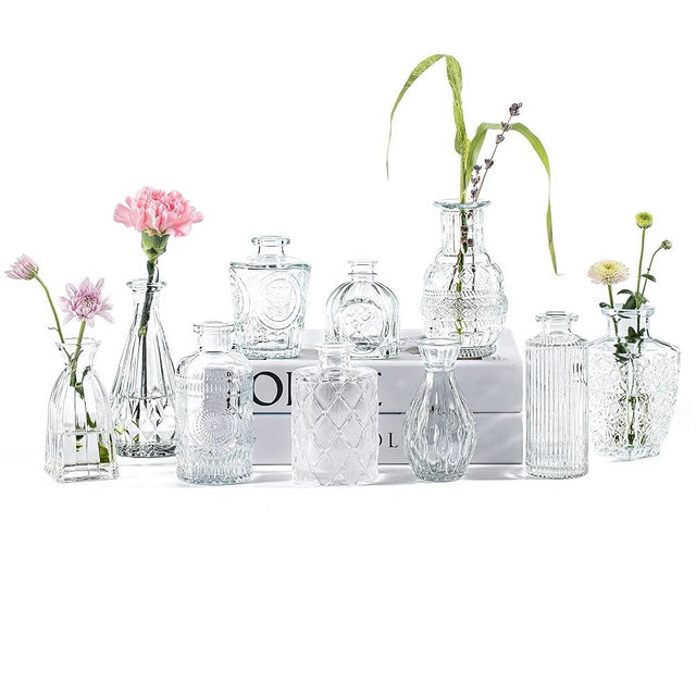 PURVONNIE Small Vases for Flowers Set of 10, Mini Bud Vases in Bulk, Clear Glass Vases for Wedding Decorations, Small Vases for Centerpieces, Vintage Home Decorative Vases (Clear)