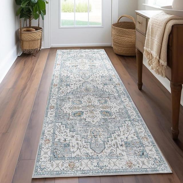jinchan Runner Rug 2x5, Bohemian Hallway Rug Kitchen Rug Washable Rug Floral Runner Non Slip with Rubber Backing Thin Vintage Carpet Runner for Bedroom Bathroom Laundry Room Living Room Decor Grey
