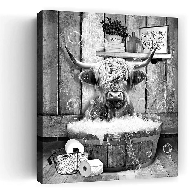 Wesluin Funny Highland Cattle Bathroom Wall Art Print, Vintage Rustic Funny Bathroom Highland Cow Canvas Art For Bathroom Toilet Decor, Farmhouse Wall Decor 12x16 Inch