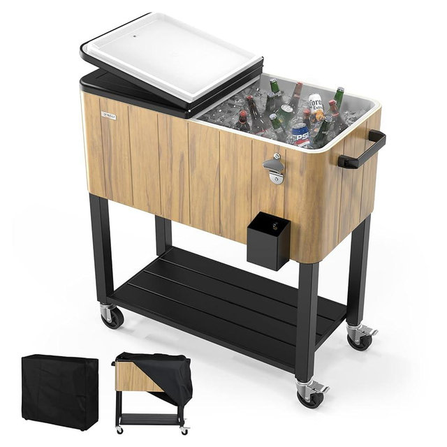 VINGLI 80 Quart Rolling Ice Chest on Wheels, Patio Cooler Cart with Waterproof Cooler Cart Cover, Beverage Rolling Cooler for Outdoor Patio Deck Party