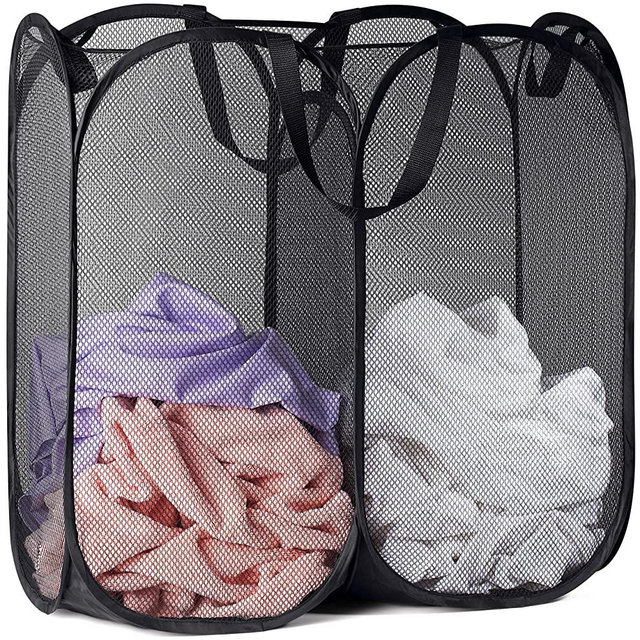 Mesh Popup Laundry Hamper - Two Compartments, Collapsible for Storage and Easy to Open. Folding Pop-Up Clothes Hampers are Great for The Kids Room, College Dorm or Travel. (Black)
