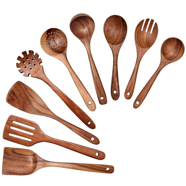 Wooden Spoons for Cooking 9 Pieces Set, Teak Wooden Kitchen Utensil Set, Wooden Cooking Utensils Spoons, Spatulas, Heat-Resistant, Lightweight & Durable, Perfect for Non-Stick Cookware
