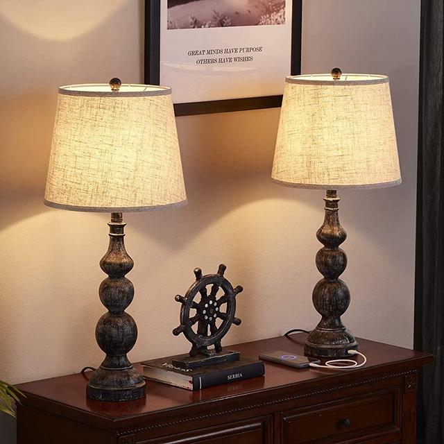 USB Farmhouse Lamp, Traditional Table Lamp Set of 2 with Dual USB Ports, 28‘’ H Bedside Lamp Sets, Industrial Bedroom Lamp Poly Table Light with Drum Lampshade, Rustic Lamp for Bedroom(2 Pack)
