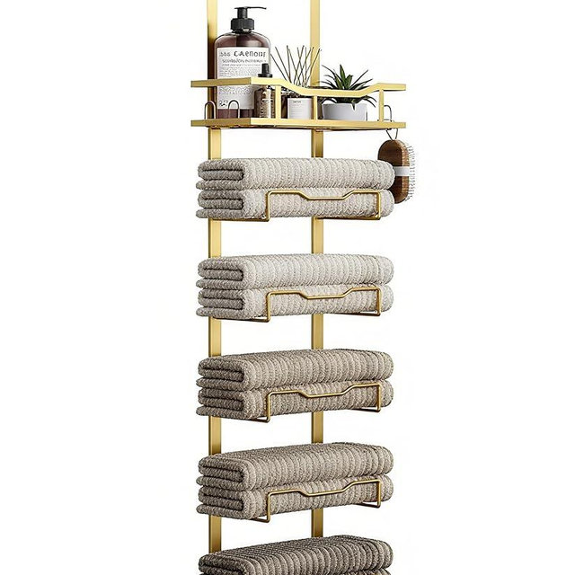 Hanging Towel Racks for Bathroom No Drill - 6-Tier Over The Door Bath Towel Storage Organizer for Small Bathrooms - Tiered Back of Door Towel Holder Hanger for Rolled Towels RV Camper Gold