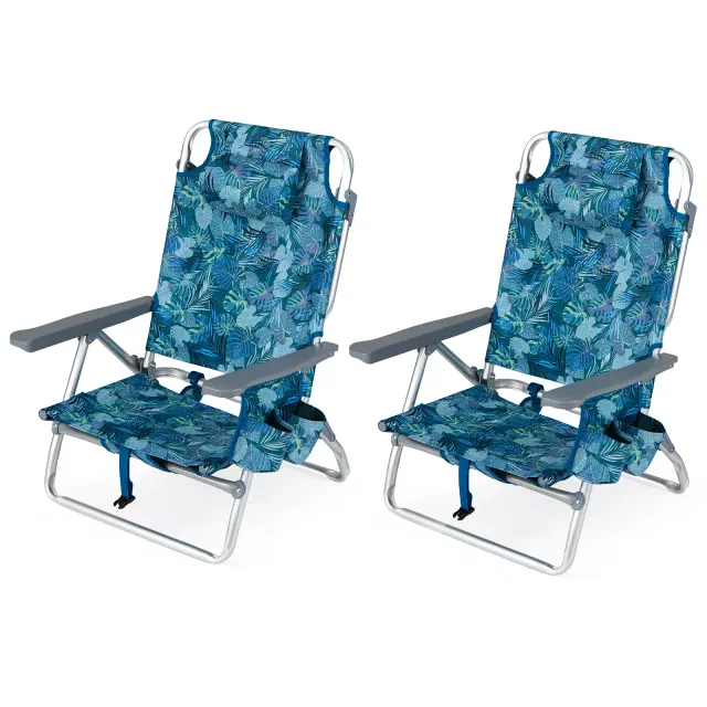 Costway 2PCS Beach Chairs with 5-Position Backrest & Padded Headrest, Cup Holder & Ice Bag Palm Tree Green