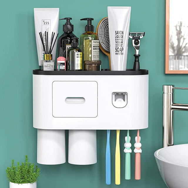 Bathroom Toothbrush Holder Wall Mounted Automatic Toothpaste Dispenser - Electric Toothbrush Holder with Toothpaste Squeezer,Magnetic Cup,Storage Drawer and 4 Toothbrush Organizer Slots(Black, 2 cups)