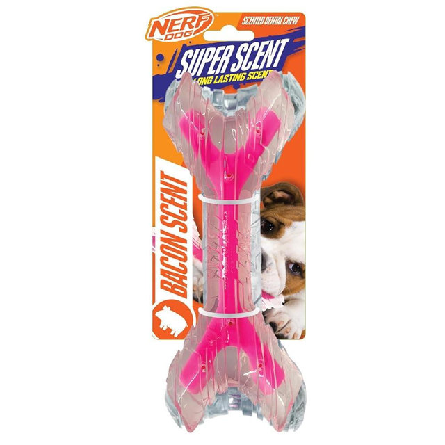 Nerf Dog 9in TPR/PP Scented Bacon SuperScent Bone Solid Core -Clear/Pink, (NF-7132)