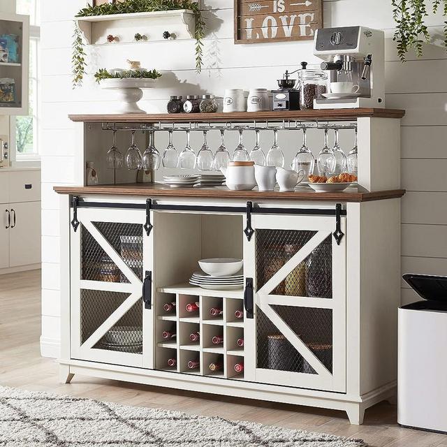 OKD Coffee Bar Cabinet with Storage, 55" Farmhouse Kitchen Buffet Sideboard w/Sliding Barn Door & Adjustable Shelves, Home Liquor Cabinet w/LED Lights & Wine Racks for Dining Room, Antique White