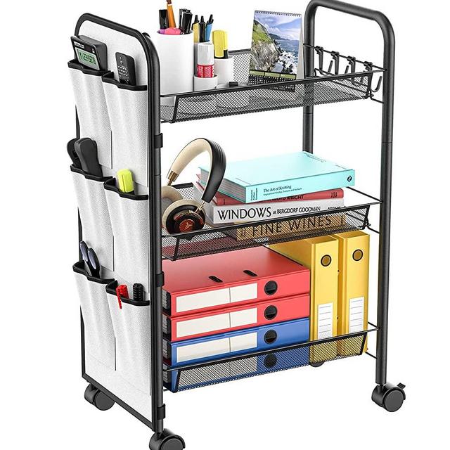 Utility Cart, YASONIC 3-Tier Rolling Cart with Storage Bag, Multifunction Metal Mesh Wire Organizer Trolley with 2 Lockable Wheels 4 Side Hooks for Office Kitchen Bedroom Bathroom (Black)