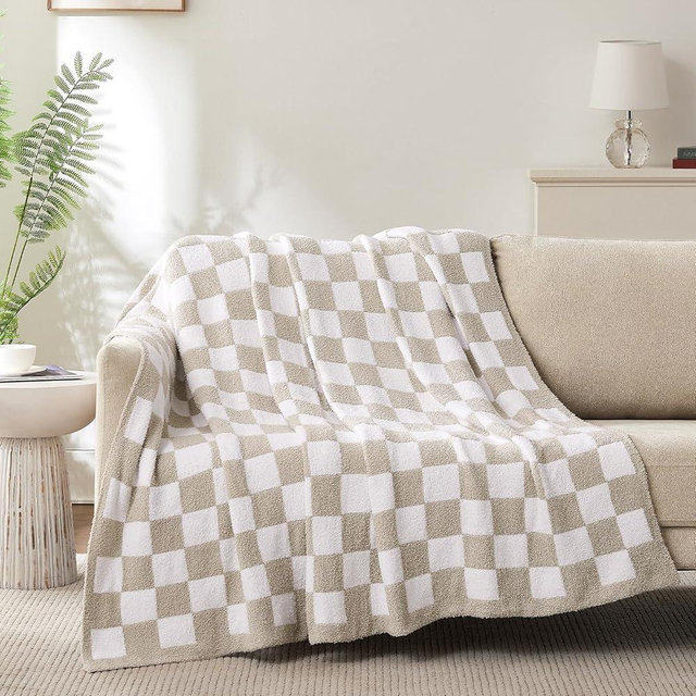 Cozzenity Checkered Throw Blanket, Taupe Soft Cozy Fluffy Knitted Throw Blankets for Couch, Sofa, Bed, Chair, Warm Fuzzy Travel Picnic Lightweight Plaid Blanket, 60x80 inches