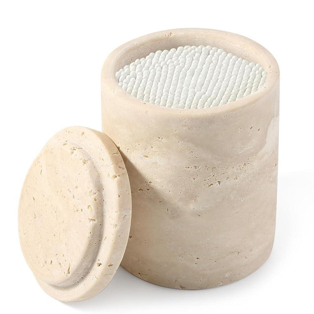 Erongoo Marble Qtip Holder, Travertine Bathroom Accessories Toothbrush Holder with Lid for Cotton Swabs,Cotton Swabs, Jewelry, Floss Picks, Bathroom Essentials Decor Restroom Vanity Decor