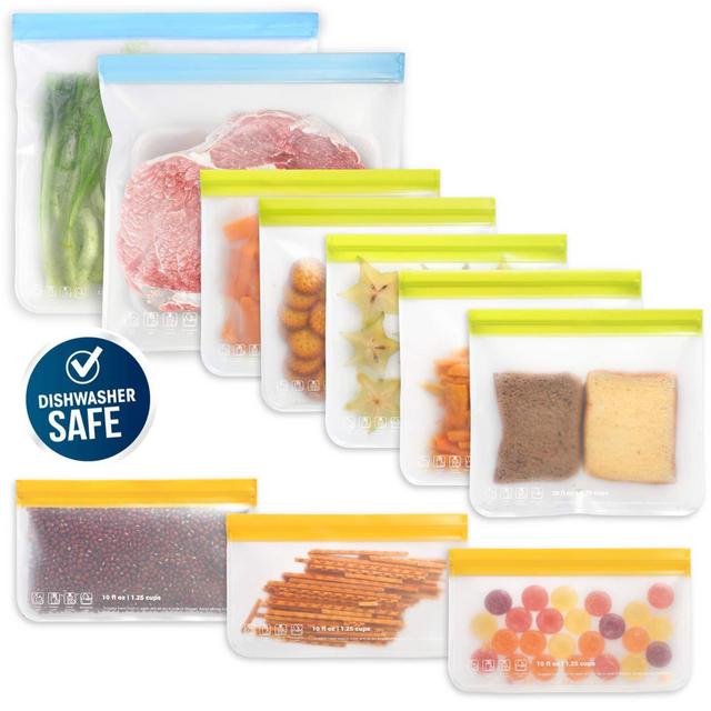 10 Pack Dishwasher Safe Reusable Food Storage Bags (5 Reusable Sandwich Bags, 3 Reusable Snack Bags, 2 Freezer Gallon Bags), Extra Thick Leakproof Silicone Free Plastic Bags