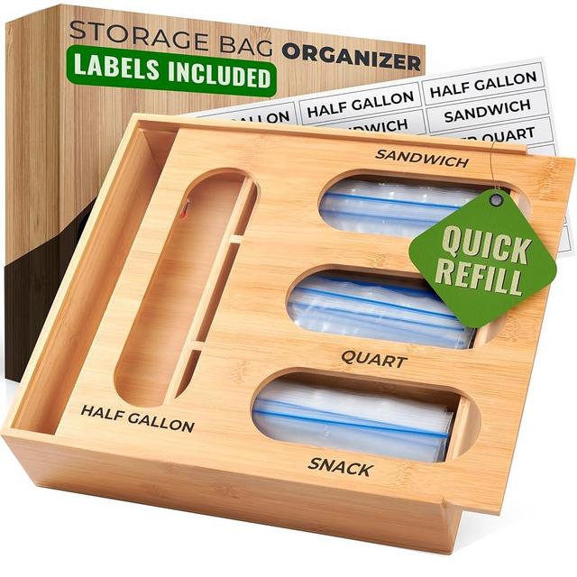 Food Storage Bag Organizer, Plastic Bag Organizer - Bamboo Monoblock Design Baggie Organizer for Drawer with Labels Included, Sandwich Bag Organizer, Quick Refill Slider, by Woodenhouse