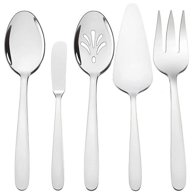 5-Piece Silverware Serving Utensils, HaWare Durable Stainless Steel Serving Spoon Fork, Mirror Polished and Dishwasher Safe