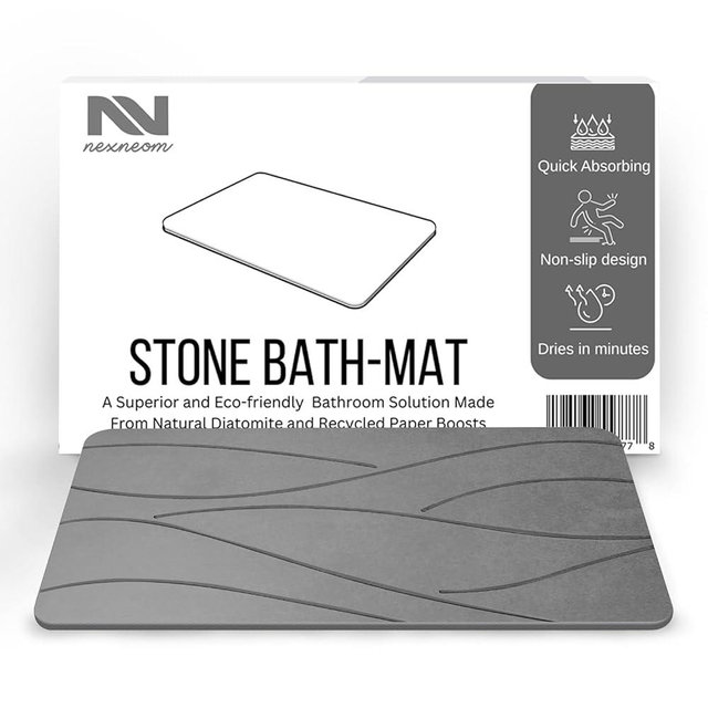 NEXNEOM Stone Bath Mat -Luxurious Natural Diatomaceous Earth Bath Mat Super Absorbing -Easy to Clean our Shower Mat -Non-Slip Wavy Bath Stone Mat no Bad Odor -on Kitchen Counter -Grey (23.6×15.4x0.4)