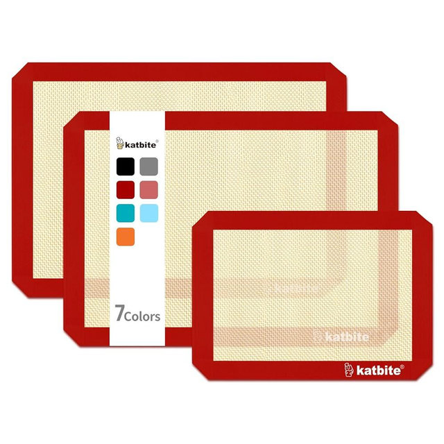 Katbite Silicone Baking Mat Colorful Collection - Set of 3: 2 Half Sheets Mats (11 5/8" x 16 1/2") + 1 Quarter Baking Sheet, Reusable & Nonstick Bakeware Mats for Cookies, Macarons, Bread (Red)