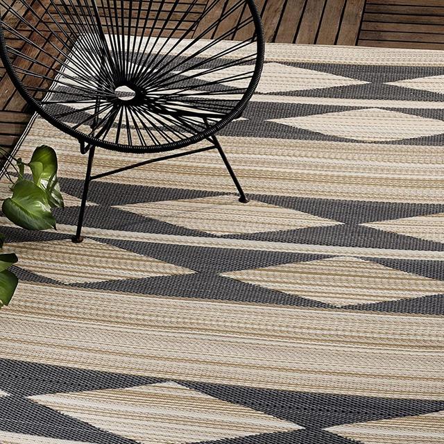 Fab Habitat Outdoor Rug - Waterproof, Fade Resistant, Reversible - Premium Recycled Plastic - Neutral Geometric Tribal - Patio, Porch, Deck, Balcony - Cairo - Natural & Black - 5 x 8 ft