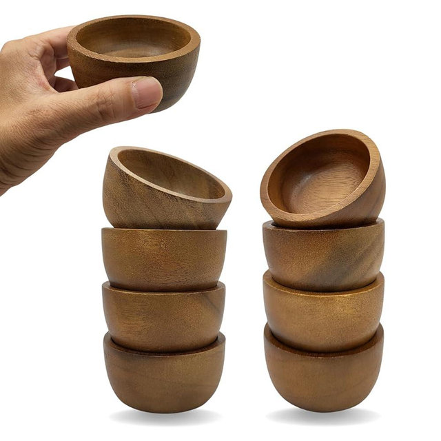 gwynth Small Round Acacia Wood Bowls 8 Pcs, 2.8" Diameter Hand Carved Wooden Bowl Set for Dipping Sauce, Salsa, Prep, Salt, Condiments, Charcuterie board accessories