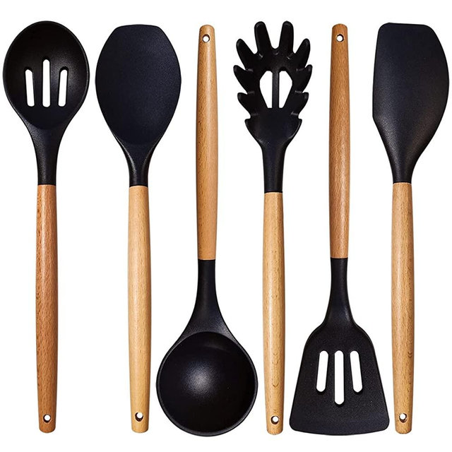 IOCBYHZ Silicone Kitchen Utensils Set of 6, Cooking Utensils Set With Heat Resistant Wooden Handle, Nonstick Silicone Spatula Set, Kitchen Gadgets Utensil Set for Cookware & Baking, Kitchen Tools