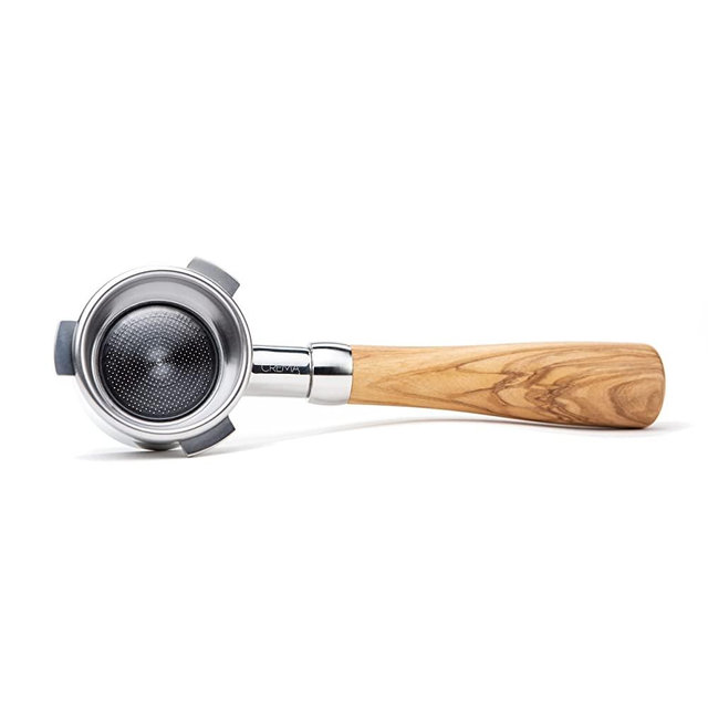 Crema Coffee Products | 54mm Bottomless Naked Portafilter | Filter Basket Included | Fits 54mm Breville Machines | Olivewood