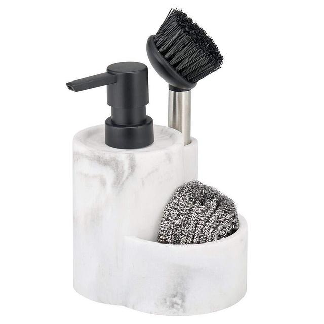 mDesign Decorative Marble Kitchen Sink Countertop Pump Bottle Storage Caddy includes - Liquid Hand Soap Dispenser and Brush, Holds and Stores Sponges, Scrubbers and Brushes - Marble