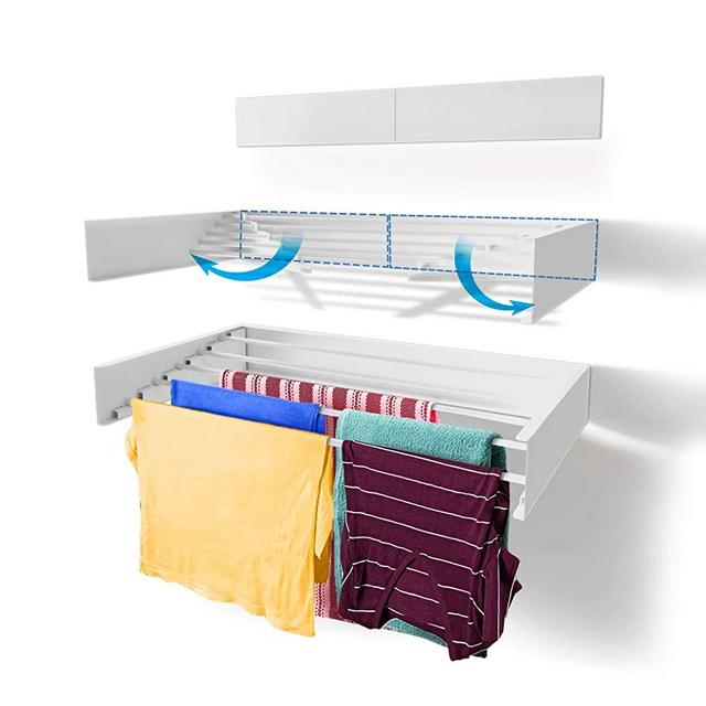 Step Up Laundry Drying Rack, Wall Mounted, Retractable Clothes Drying Rack, 40lbs Capacity, 11.6 Linear Ft, with Wall Template and Long Drill Bit (White - 28")