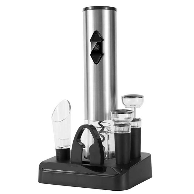 CIRCLE JOY Electric Wine Bottle Opener, 4AA Battery Powered Corkscrew Gift Set with Base, includes Foil Cutter, Wine Vacuum Pump Stoppers, and Wine Aerator Pourer, Stainless Steel