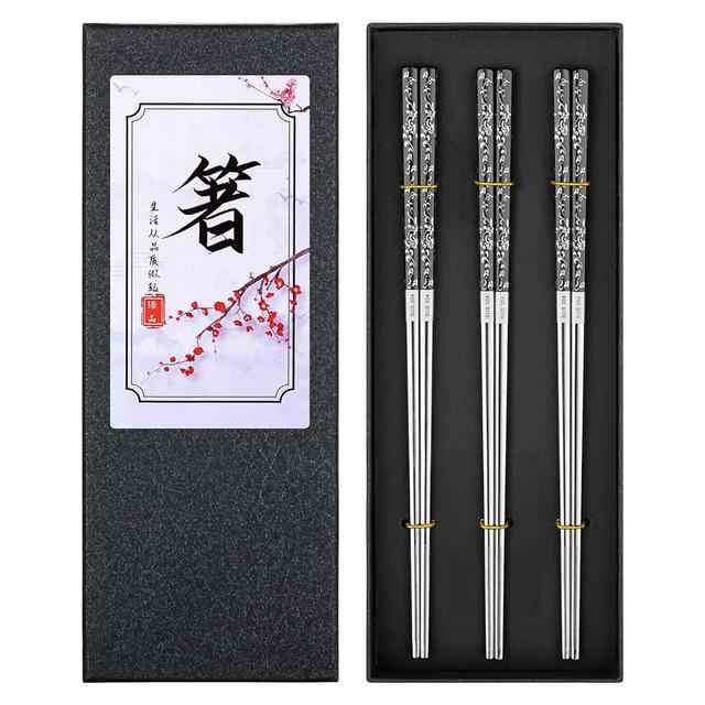 TINMARDA Metal Chopsticks Reusable, 3 Pairs Chop Sticks Reusable Dishwasher Safe, Titanium Plated Non-Slip Stainless Steel Chopsticks Gift Set (Black Silver)