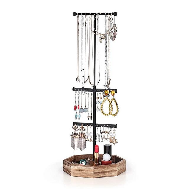 Emfogo Jewelry Organizer Tree Stand Metal and Wood Basic Large Storage Box - 3 Tier Jewelry Stand Display for Necklaces Bracelet Earrings Holder Jewelry Display