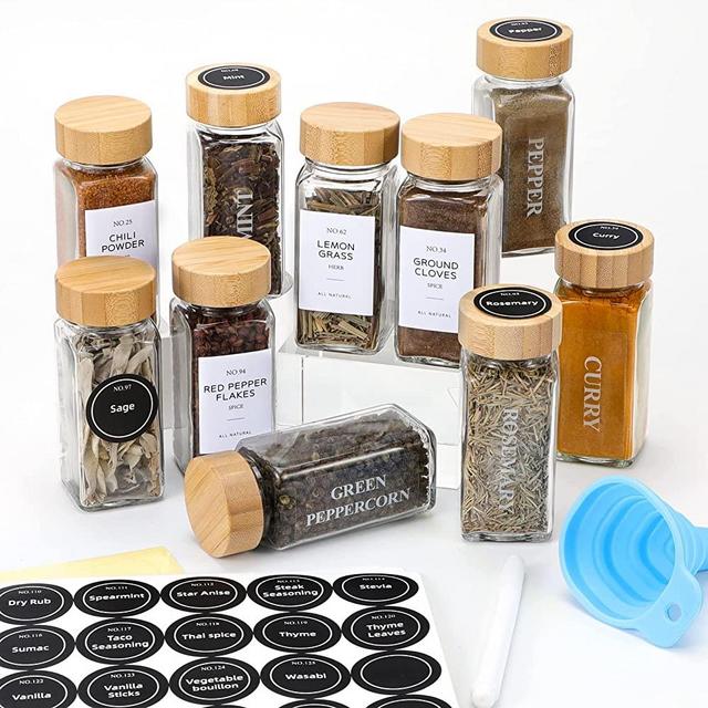 NETANY 24 Pcs Spice Jars with Labels - 4oz Glass Spice Jars with Bamboo Lids, Minimalist Farmhouse Spice Labels Stickers, Collapsible Funnel, Seasoning Storage Bottles for Spice Rack, Cabinet, Drawer