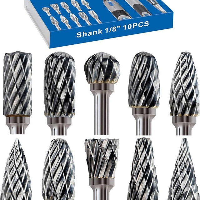 10 Pcs Carbide Burr Set Bits 1/8" Shank Compatible with Dremel Milwaukee Rotary Grinder Tool Kit Accessories Drill Rasp File Attachment Wood Metal Stone Carve Grind Cut Sand Engrave Polish Porting