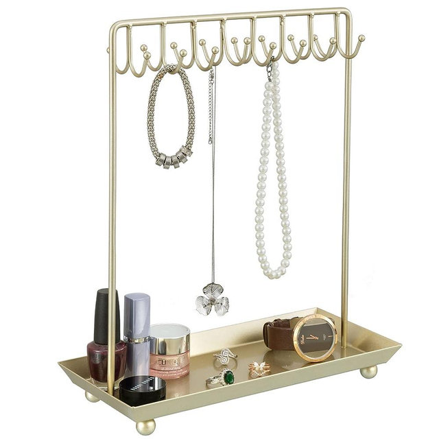 MyGift 14 Inch Brass Metal Jewelry Organizer Stand for Necklaces with 20 Hooks and Ring Tray
