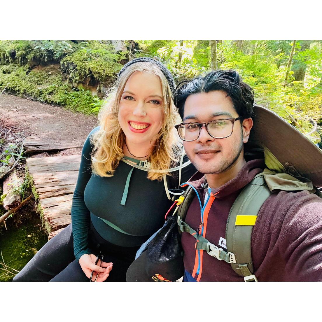 Hiking together at Mt Rainier, enjoying the scenery together.