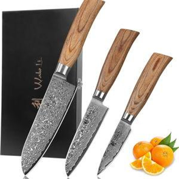 Wakoli 3-Piece Damascus Knife Set – Edib Pro Series with Wooden Gift Box – Kitchen Knife with VG10 Steel Core, 2 Santoku Knives & Paring Knife