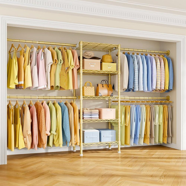 Ulif M2 Wall-Mounted Clothes Rack, Metal Closet System with 4 Expandable Hanger Rods and 5 Metal Shelves, Mount-on-Wall Clothing Storage Organizer in (70.8-102.3)" L x 14.5" D x 71.2" H, Gold
