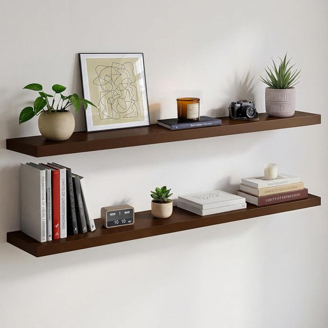 Homeforia 48 inch Walnut Floating Shelf, High End Solid Real Wood Large 48inch Floating Shelves for Wall, Dark Brown 48 inches Long Floating Shelves, Heavy Duty Bracket, 48 X 6.5 X 1.75 inch, Set of 2