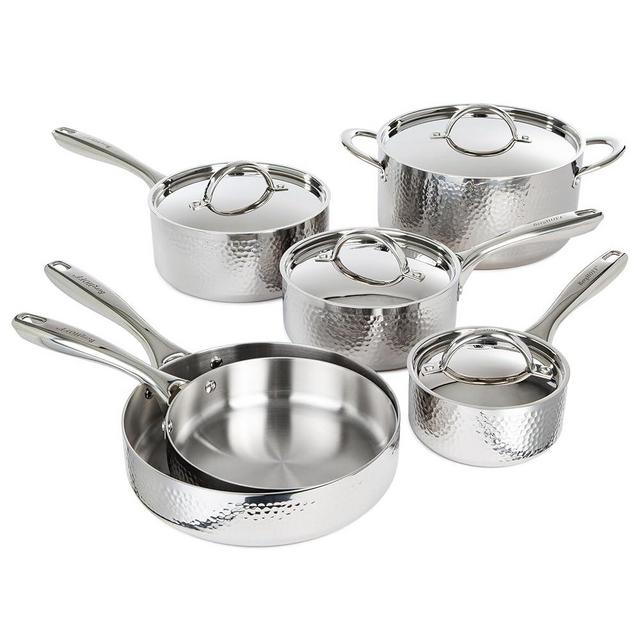 BergHOFF Vintage Tri-Ply 18/10 Stainless Steel 10Pc Cookware Set With Matching Lids, Hammered, Induction Cooktop, Even Heat, Silver