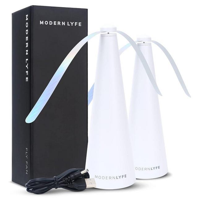 MODERN LYFE Fly Fan for Tables - USB or AA Battery Powered - Fly Swatter for Outdoor Dining Or Food at Parties, Restaurants, Outdoor Table, Fly Spinner, Keep Flies Away (2 Pack - White)