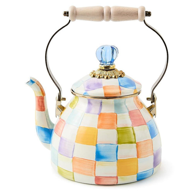 MACKENZIE-CHILDS Enamel Tea Kettle, Cute Tea Kettle for Stovetop, 2 Quarts, Confetti Check