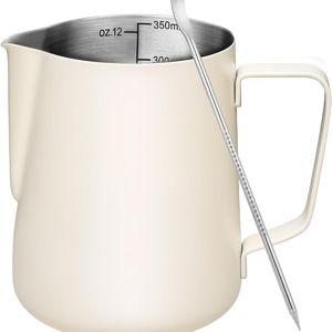 Milk Frothing Pitcher, 12oz Milk Frother Cup with Clear Scale, 304 Stainless Steel Cappuccino Espresso Machine Accessories for Barista Coffee Bar with Latte Art Pen, White