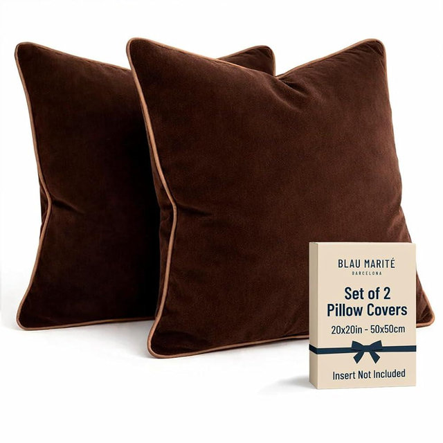 Blau Marité 2 Pack Velvet Decorative Throw Pillow Covers, 20"x20", Brown and Camel, Solid, Modern, Contrast Piping, Indoor Use, Bedroom & Living Room
