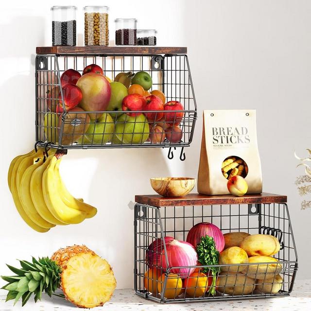 Paton 2 Pack Hanging Fruit Basket with Wood Lid, Stackable Wall-Mounted Countertop Organization, Wire Baskets for Kitchen Storage, Snack Potato Onion Storage Bin with Banana Hook, Vegetable Storage