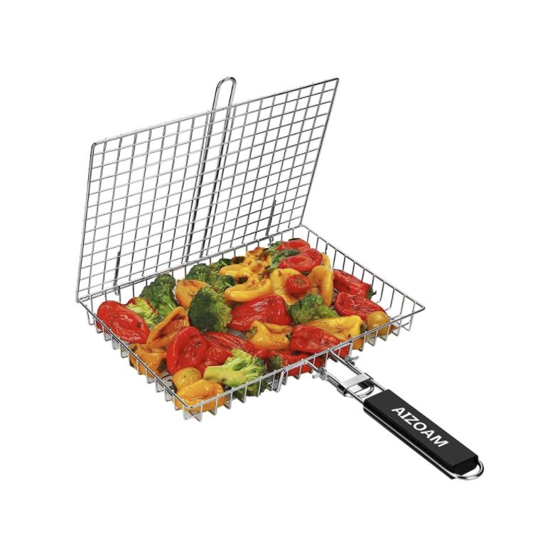 AIZOAM Grill Basket Stainless Steel BBQ Grilling Basket Large Folding Grill Basket with Removable Handle. Grill Basket for Fish,Vegetables Great Useful BBQ Accessories Grilling Gifts for Men Dad