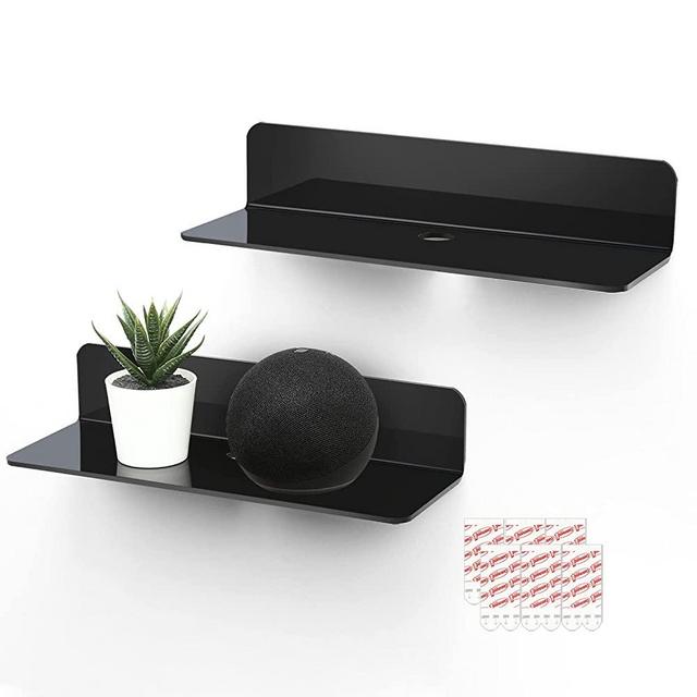 OAPRIRE Black Floating Shelves Set of 2, 12 Inch Command Strip Shelf for Bedroom, Kitchen, Office, Gaming Room, Acrylic Wall Shelves with Cable Clips
